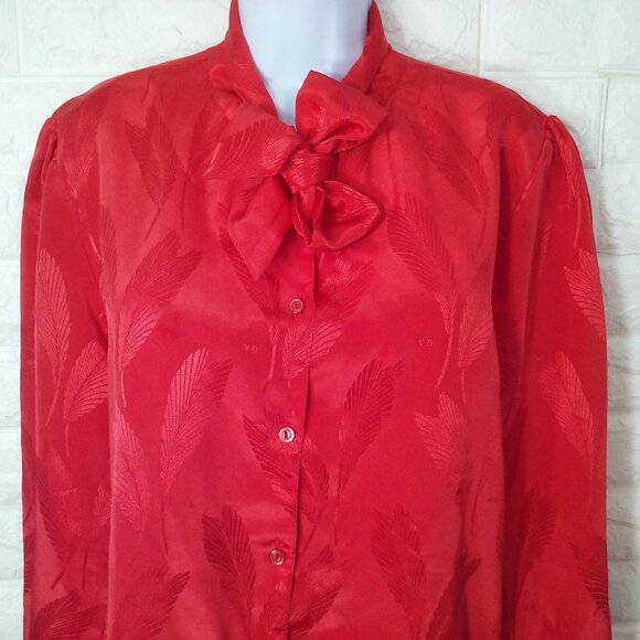 Vintage 70s Empire California Satin Bow Blouse Top -XL Feathers GA Print Buttons - Picture 3 of 11